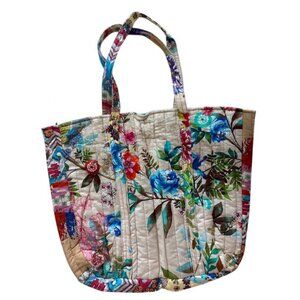 Johnny Was Dreamer Quilted Cotton Tote Bag Floral Handbag Cream Blue Purse NEW